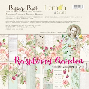 12 x 12, 10 feuilles, Jardin de framboises, LemonCraft, Bloc de papier créatif, Ensemble de papier de scrapbooking 12 x 12, Éléments de découpe, Papier cartonné