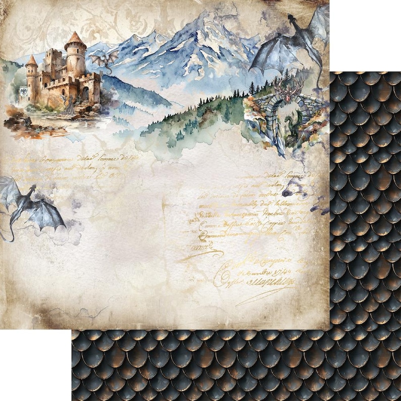 scrapbook paper | scrapbooking paper — 12×12 collection (6 double sided sheets, 12 designs, bonus 12×6, 250gsm) | the legends of the dragons | alchemy of art