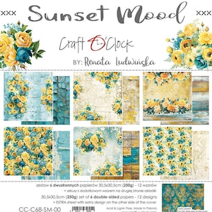 12 x 12 6 vellen, Sunset Mood, Craft O'Clock, vellen om te snijden, set 12 x 12 scrapbookpapier, karton