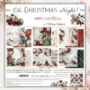 May include: A set of six double-sided craft papers titled Oh, Christmas Night! by Friends of Craft O'Clock. The 12x12 inch sheets feature festive illustrations of poinsettias, ornaments, reindeer, and winter scenes in red, green, and white.
