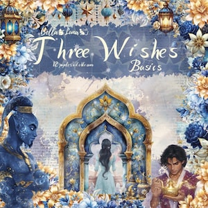 Op de afbeelding: Digitale kunst met een fantasiethema. De afbeelding toont de tekst "Three Wishes Basics" te midden van blauwe en gouden bloemstukken. Illustraties van een geest, een prinses en een man met een lamp zijn ook aanwezig.
