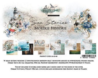 May include: A set of 12 double-sided scrapbook papers with a nautical theme. The papers feature images of lighthouses, seashells, and ocean waves. The set also includes a bonus sheet on the inside of the cover. The papers are 8 x 8 inches and weigh 190g/m2. They are wood-free and acid & lignin free. Made in Poland.