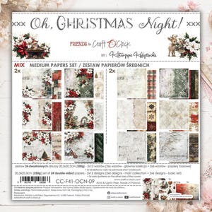 Könnte beinhalten: Ein Set aus 24 doppelseitigen Bastelpapieren mit dem Titel Oh, Christmas Night! von Friends of Craft O'Clock. Das Set enthält 20,3 x 20,3 cm große Bögen mit weihnachtlichen Motiven wie Weihnachtssternen, Kugeln und winterlichen Szenen.