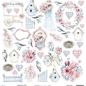 Peut inclure: Un pack de papier numérique sur le thème de la fantaisie avec une variété d'images, notamment des oiseaux, des fleurs, des cœurs, des nichoirs, des clôtures et un vélo. Les images sont dans un style aquarelle et ont une palette de couleurs douces et pastel.