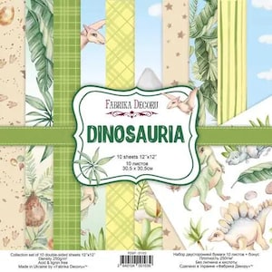 May include: A collection of 10 double-sided 12" x 12" dinosaur-themed scrapbook paper sheets. The design features illustrations of dinosaurs, tropical plants, and a variety of patterned backgrounds in green, yellow, and beige.
