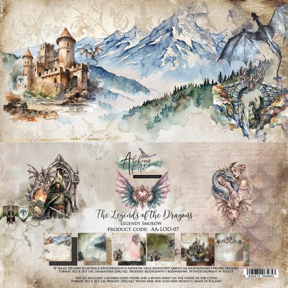 Scrapbooking paper - 12×12 Collection (6 Double-Sided Sheets, 12 Designs, Bonus 12×6, 250gsm) | The Legends of the Dragons | Alchemy of Art