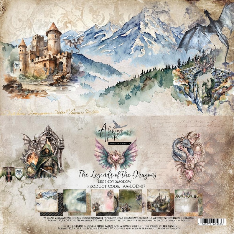 scrapbook paper | scrapbooking paper — 12×12 collection (6 double sided sheets, 12 designs, bonus 12×6, 250gsm) | the legends of the dragons | alchemy of art