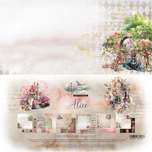 Papel de Alicia en el País de las Maravillas / Hojas para álbum de recortes de 30 x 30 cm / 6 páginas de doble cara / Papel de diario vintage de fantasía / Alquimia artística