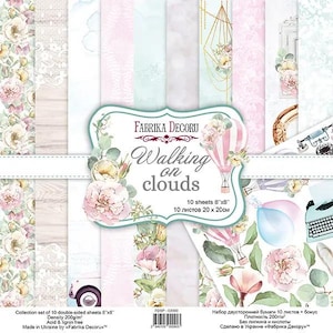 May include: A collection of ten double-sided 8x8 inch decorative paper sheets. The sheets feature floral and cloud designs in pastel colors, with the text "Walking on clouds" and the Fabrika Decoru logo. The paper is acid and lignin free.