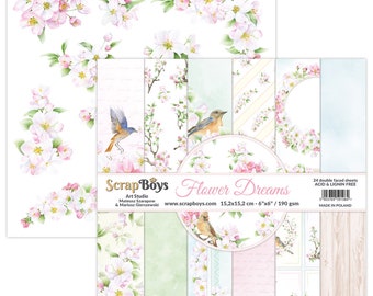Flower Dreams, ScrapBoys, Scrapbooking doppelseitiges Papier Set 6 x 6, 24 Blatt, Karton