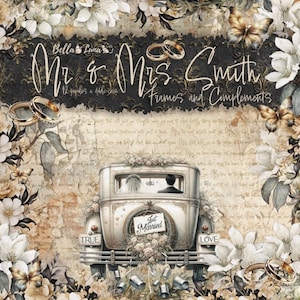 Mr and Mrs Smith Frames & Complements, paquet de papier pour scrapbooking 12 x 12 | 12 feuilles recto-verso | Fournitures pour album de mariage | Artisanat BellaLuna