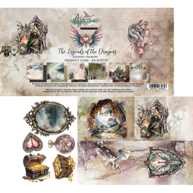 scrapbook paper | scrapbooking paper — 12×12 collection (6 double sided sheets, 12 designs, bonus 12×6, 250gsm) | the legends of the dragons | alchemy of art