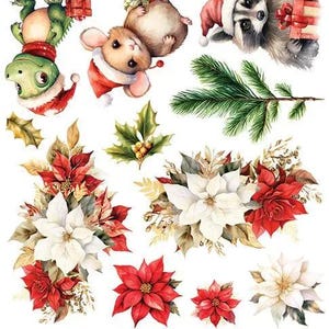 May include: A Christmas-themed paper set with watercolour illustrations. It features images of couples, children, animals in Santa hats, poinsettias, and the text "Christmas Everywhere". Also includes a pine cone and holly.