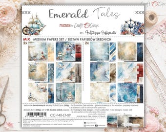 May include: A paper set called "Emerald Tales" with nautical designs. The set contains 24 double-sided papers, each 20.3 x 20.3 cm. The designs feature ships, lighthouses, and ocean scenes in blue and beige tones.