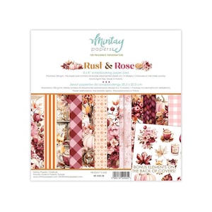 Puede incluir: Un bloc de papel para scrapbooking Mintay Papers Rust & Rose de 20,3 x 20,3 cm con 24 hojas de doble cara y 12 diseños. La portada muestra patrones de temática otoñal con calabazas, zorros, ardillas, flores y cuadros en tonos cálidos.