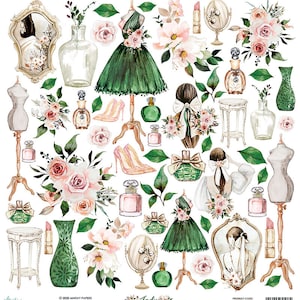 Peut inclure: Un pack de papier numérique avec un design aquarelle représentant une robe verte, des fleurs roses, des flacons de parfum et un miroir vintage. Le pack de papier est intitulé "Lady" et comprend le texte "2020 Mintlay Papers".