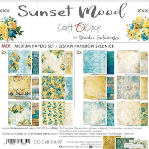 8 x 8, 24 feuilles, créations manuelles, collection Sunset Mood, jeu de papiers de scrapbooking 8 x 8, techniques mixtes, carnets, fabrication de cartes, papier cartonné