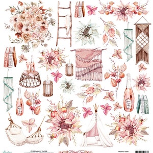 Peut inclure: Un pack de papier numérique sur le thème bohème avec des illustrations de tournesols, de feuilles, d'une échelle, d'un hamac, d'un tipi, d'une bouteille de champagne, de bougies et d'une tapisserie murale tissée. Le pack de papier est intitulé "Blush Tree".