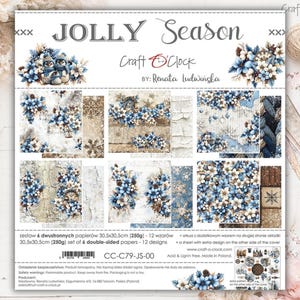 Könnte beinhalten: Ein Bogen doppelseitiges Papier mit dem Thema "Jolly Season". Das Papier zeigt verschiedene Designs mit blau-weißen Blumenarrangements, Schneeflocken und Used-Texturen. Das Papier misst 30,5 x 30,5 cm.