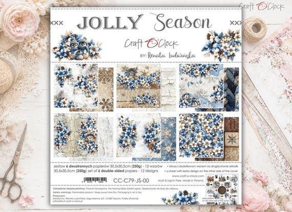 Scrapbooking Paper Pad 12×12 “Jolly Season” | Craft O’Clock | 6 Double-Sided Sheets + Bonus, 250 gsm | Scrapbooking & Cardmaking