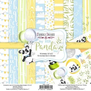 May include: A collection of 10 double-sided 12" x 12" scrapbook paper sheets. The design features a panda theme with blue, yellow, and green colors. The text "my little panda boy" is displayed on the front.