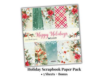 Confezione di carta per scrapbooking Happy Holidays 12x12 / 5 fogli fronte-retro / ScrapAndMe / Cartoncino natalizio