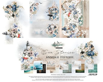 May include: A collection of nautical-themed scrapbook paper featuring floral arrangements, a lighthouse, and a ship's wheel. The text "Sea Stories" and "Morskie Historie" are displayed. The colour scheme includes blues, whites, and browns.