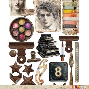 May include: A collage of vintage-style scrapbook elements. Includes portraits, jars with colored contents, metal stars, binder clips, a number eight plaque, and a palette of paints. The product code is AA-ART-11.