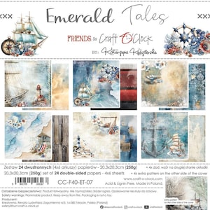 May include: A set of 24 double-sided paper sheets, each measuring 8x8 inches, featuring nautical and seaside themes. The "Emerald Tales" collection includes images of sailboats, lighthouses, and ocean elements. The paper is acid and lignin-free.