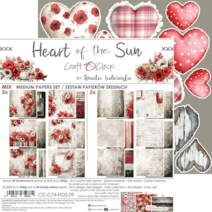 Herz der Sonne 8x8 Scrapbook Paper Pack | 24 doppelseitige Blätter + Bonus | Rote florale und rustikale Texturen | Handgemacht