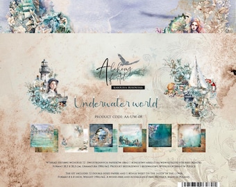 May include: A set of 12 double-sided papers and 1 bonus sheet for scrapbooking. The papers feature a watercolour design with an underwater theme. The set includes a variety of colours, including blues, greens, and purples. The papers are 8x8 inches and are acid-free and lignin-free. The product code is AA-UW-08.