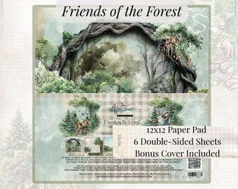 Bloc de papel para scrapbooking de 30 x 30 cm – Amigos del Bosque / 6 hojas de doble cara + portada extra / Cartulina de 250 g/m² / Alchemy of Art