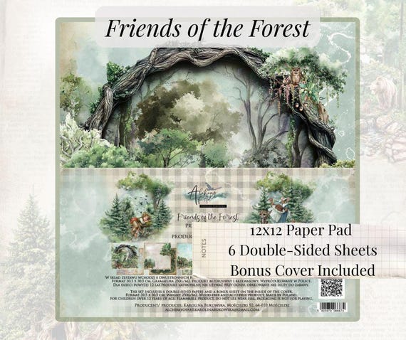 12x12 Scrapbooking Paper Pad – Friends of the Forest | 6 Double-Sided Sheets + Bonus Cover | 250gsm Cardstock | Alchemy of Art