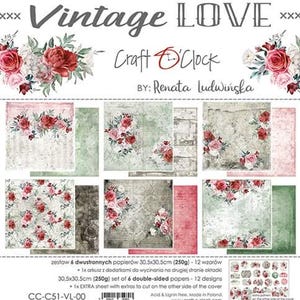 Vintage Love Scrapbook Paper Pack 12x12 | 6 Double-Sided Sheets + Bonus | Floral Roses Collection | Craft O’Clock