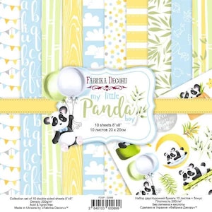May include: A collection of double-sided scrapbook paper sheets with a panda theme. The sheets feature various patterns, including clouds, wood grain, and lettering, in shades of blue, yellow, and green. The set includes a panda illustration and the text "my little Panda boy".