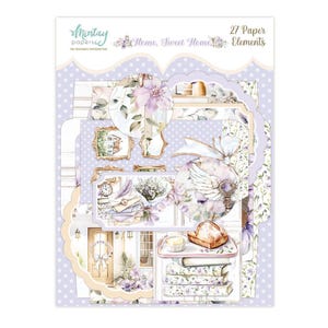Peut inclure: Un ensemble de 27 éléments en papier pour le scrapbooking et l'artisanat. Les éléments présentent un thème de maison avec un schéma de couleurs violet clair et blanc. Le texte "Home, Sweet Home" est inclus dans l'image.