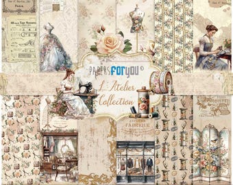 8x8 Scrapbook Paper Pack | 24 Double-Sided Sheets | L'Atelier Collection | Papers For You | Vintage Craft Paper