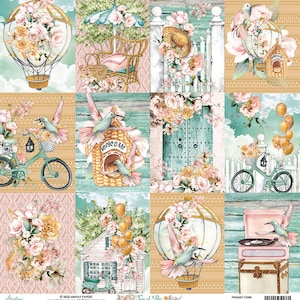 Peut inclure: Un pack de papier numérique sur le thème de la joie de vivre avec un ballon à air chaud, un vélo, un nichoir, une porte, une maison, un tourne-disque et des motifs floraux dans des tons de rose, jaune et bleu. Le texte "Joy of Life" est imprimé sur le papier.