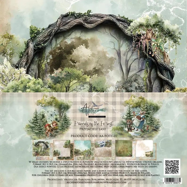 paper collection set 12x12 in friends of the forest, 250 gsm (6 double‑sided sheets + bonus) – alchemy of art
