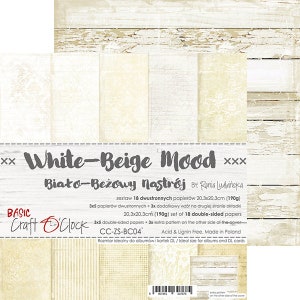 Collection WHITE-BEIGE MOOD, Craft O&#39;Clock, Sheets for Cutting, Scrapbooking Paper set 8x8 24 sheets, Card Stock