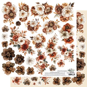 May include: A sheet of floral stickers with bouquets and individual flowers in brown, white, and rust hues. The stickers have a watercolour effect and are arranged on a white background. Some are cut out, others remain on the sheet. Metric measurements.