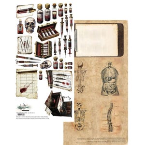 May include: A collage of vintage medical illustrations and equipment. The image features vials, syringes, a skull, and anatomical drawings on aged paper. The color palette is dominated by reds, browns, and whites, creating a gothic or historical aesthetic.