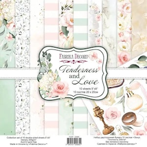 May include: A collection of double-sided decorative paper sheets, each 8x8 inches, featuring floral and pastel designs. The set includes sheets with roses, stripes, and botanical patterns. The package is labeled "Tenderness and Love."