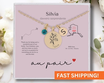 Au Pair Gift Necklace,Personalized Au Pair Thank You Gift,Au Pair Farewell Jewelry Gold,Au Pair Appreciation,Au Pair Jewelry,Birthstone