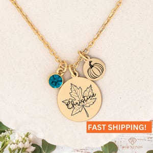 Maple Leaf Necklace-For Thanksgiving,Autumn Necklace, Fall Festive Necklace,Personalized Name,Gold Leaf Pendant,Birthstone Necklace,Pumpkin