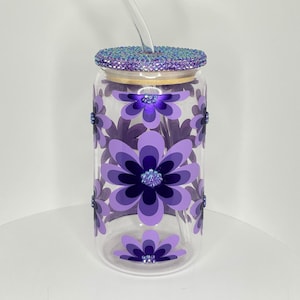 Purple vinyl flower 16 oz can shaped glass cup with glass straw and bedazzled bamboo top