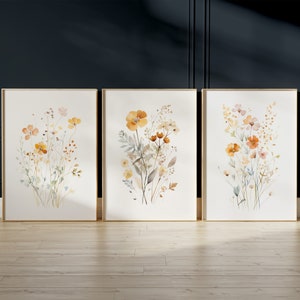 Wildflower prints, set of 3, neutral muted colours, watercolour, artful boho wall decoration, digital download, PRINTABLE floral digital art