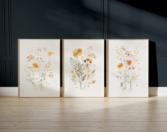 Wildflower prints, set of 3, neutral muted colours, watercolour, artful boho wall decoration, digital download, PRINTABLE floral digital art