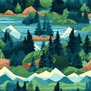 Könnte beinhalten: Ein nahtloses Muster mit einer stilisierten Landschaft mit blauen Bergen, einem blauen See und grünen Bäumen. Das Design ist im flachen Stil mit einer minimalistischen Ästhetik.