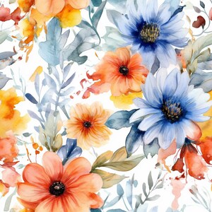 Könnte beinhalten: Aquarellmalerei eines Blumenstraußes mit blauen, orangefarbenen und gelben Blumen. Die Blumen sind in einem lockeren, natürlichen Stil angeordnet, und der Hintergrund ist ein sanftes Weiß.